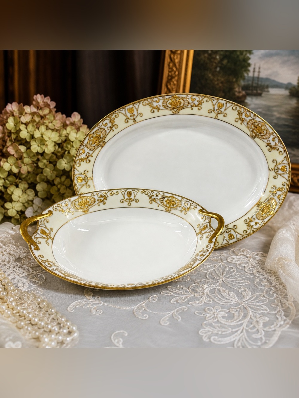 Antique Noritake (Morimura) Gold Encrusted Platter & Handled Bowl Set Japan